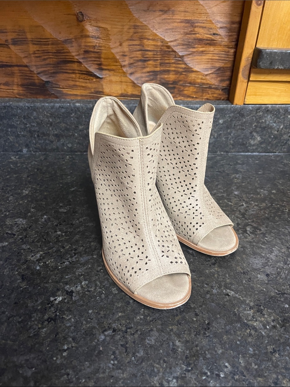 Restricted Taupe Laser-Cut Peep-Toe Mules